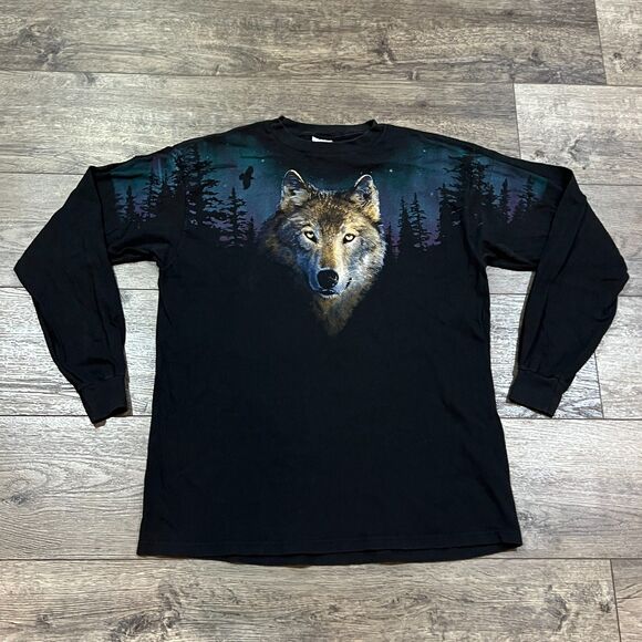 RARE! Vintage 90s Tultex AOP Black Wolf Nature Forest Long Sleeve Made in USA XL - Picture 1 of 7